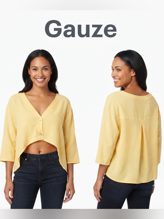 Tops - Gauze 2 Button Yellow Crop Top 2